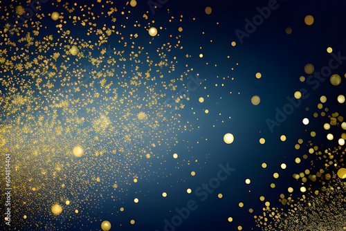 abstract background with Dark blue and gold particle. Christmas Golden light shine particles bokeh on navy blue background. Gold foil texture. 