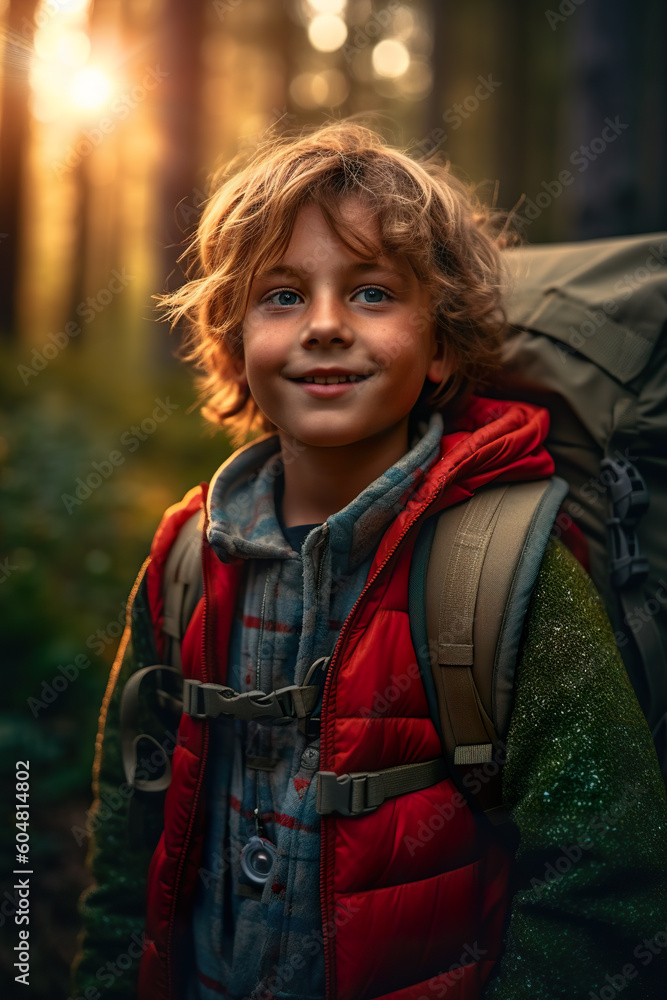 A young boy with a backpack in the woods. Generative AI. A young boy with a backpack in the woods. Generative AI.
