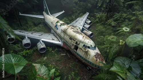 Lost in the Jungle: Dilapidated Boeing 747 Covered in Rust and Nature's Embrace Created Using Generative Ai