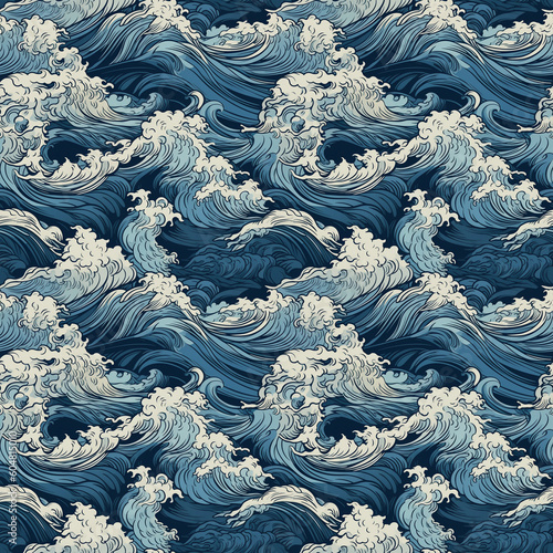 Seamless texture: sea waves pattern in old vintage Japanese style. Generative AI