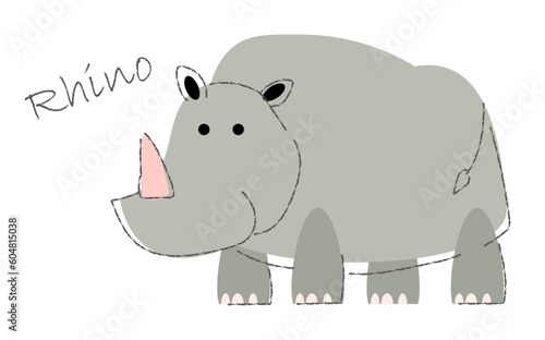 Fototapeta Naklejka Na Ścianę i Meble -  Rhinoceros . Cute animals cartoon characters . Flat shape and line stroke design . Vector illustration .