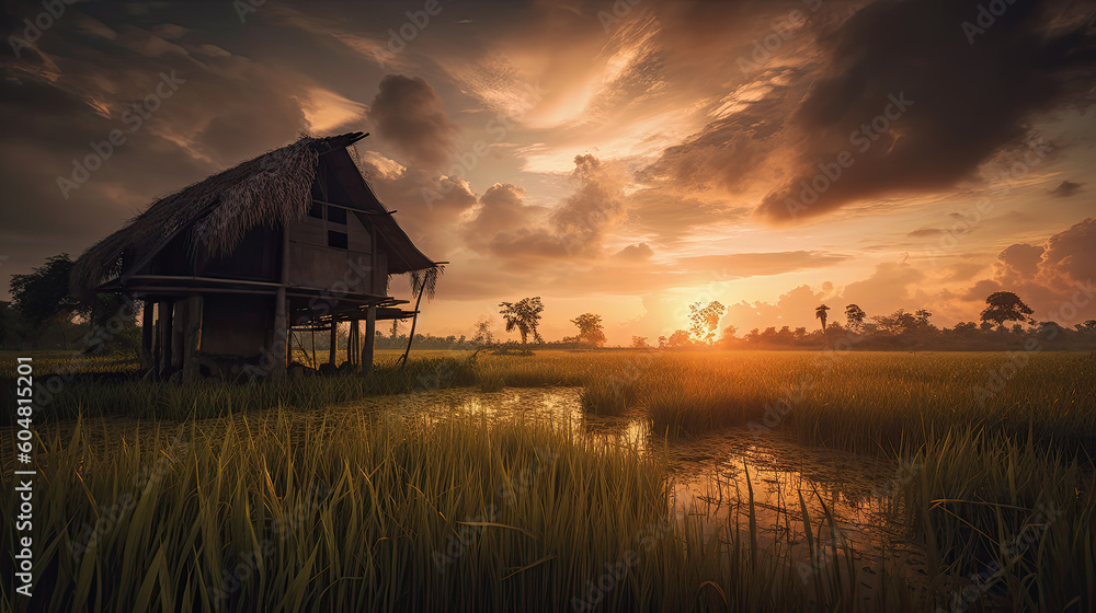 Tranquil Countryside: Paddy Field and Abandoned Wood House Enhanced by Sunset and Volumetric Clouds Created Using Generative Ai