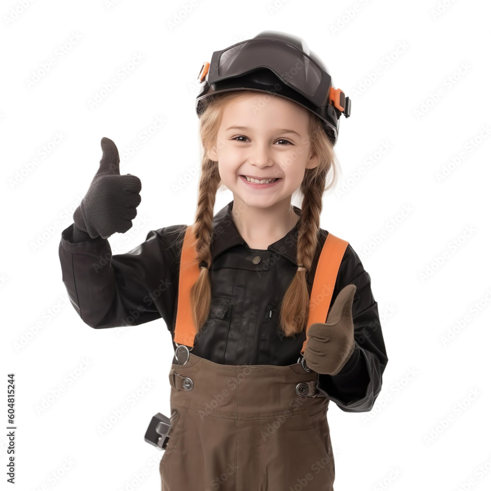 Child girl dressed as Mechanic showing thumbs up isolated on transparent background, Generative Ai Child girl dressed as Mechanic showing thumbs up isolated on transparent background, Generative Ai