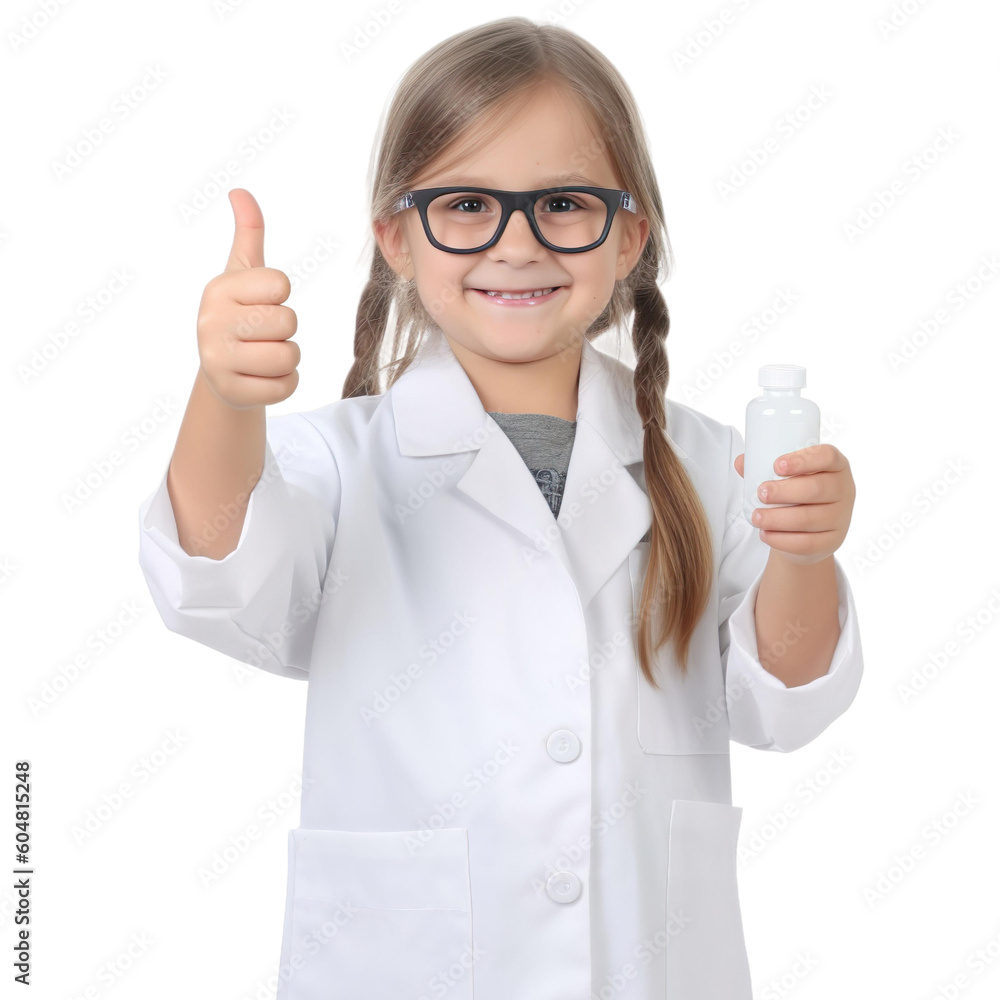Child girl dressed as Pharmacist showing thumbs up isolated on transparent background, Generative Ai Child girl dressed as Pharmacist showing thumbs up isolated on transparent background, Generative Ai