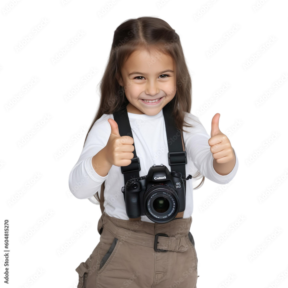 Child girl dressed as Photographer showing thumbs up isolated on transparent background, Generative Ai Child girl dressed as Photographer showing thumbs up isolated on transparent background, Generative Ai