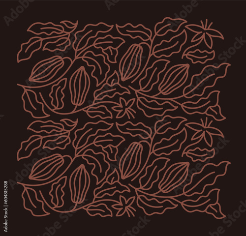 Cocoa line ornament. Chocolate design background. Beans and branches leaves. Editable outline stroke. Vector line.