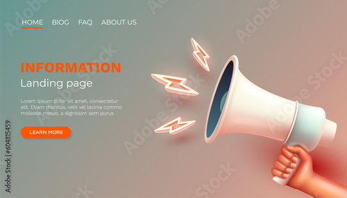 Megaphone landing page banner information, business communication. Vector