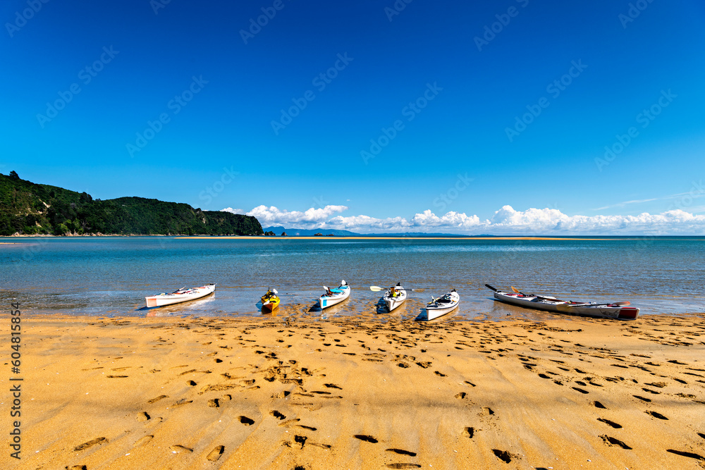 Footprints in the shore sand lead to the canoe boats on the beach Footprints in the shore sand lead to the canoe boats on the beach