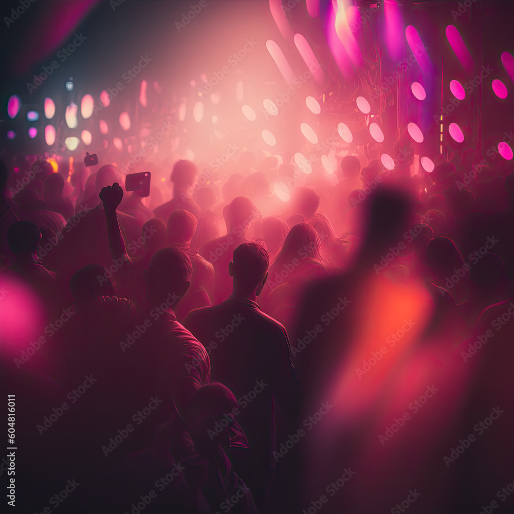Neon Night Fever: Blurred Capture of a Dancing Crowd in a Vibrant Pink Nightclub Created Using Generative Ai