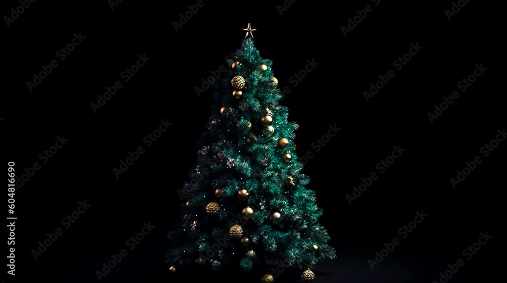 Green Christmas tree decorated with balls on a black background, generative AI. Green Christmas tree decorated with balls on a black background, generative AI.