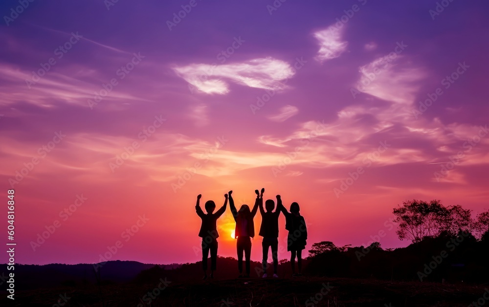 A group of successful young people hold hands at sunset, together they raise their upper hand. Successful team and team building concept. Generative ai A group of successful young people hold hands at sunset, together they raise their upper hand. Successful team and team building concept. Generative ai