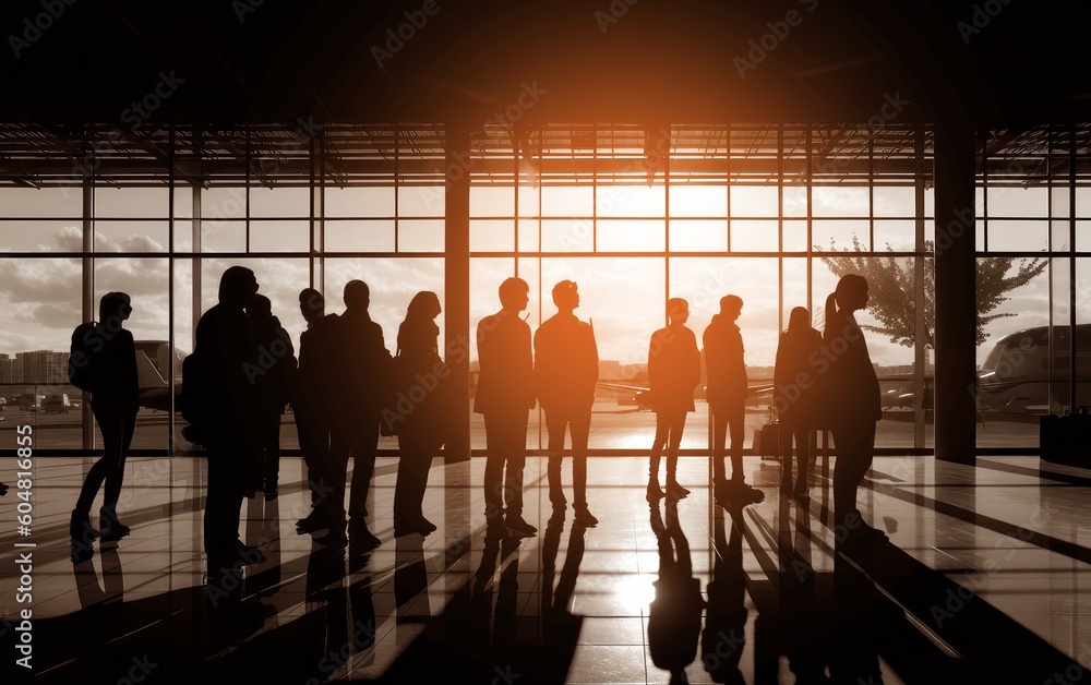 Passengers people silhouettes in airport, travel concept. Generative ai