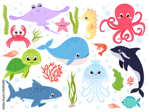 Fototapeta Naklejka Na Ścianę i Meble -  Sea animals vector illustration set. Marine animals with elements of underwater life. Cute sea inhabitants on a white background.