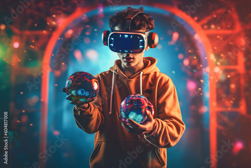 Young european metaverse player wearing virtual reality headset,playing new VR game online ai generated art Generative AI
