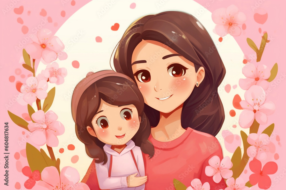 Happy mothers day, beautiful mother and daughter character, hand drawn chibi cartoon art illustration. Generative AI Happy mothers day, beautiful mother and daughter character, hand drawn chibi cartoon art illustration. Generative AI