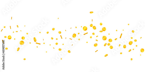 Swiss franc coins falling. Gold scattered CHF coins. Switzerland money. Great business success concept. Wide vector illustration.