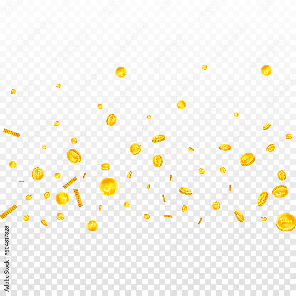 Swiss franc coins falling. Gold scattered CHF coins. Switzerland money. Great business success concept. Square vector illustration.
