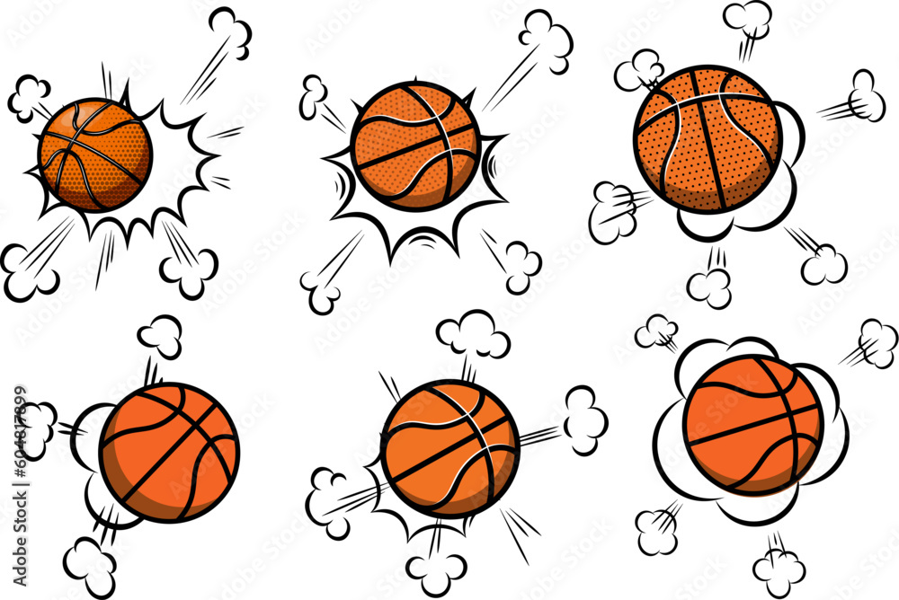 Set of basketball balls with motion trails in comic style. Design element for poster, banner, flyer, card.