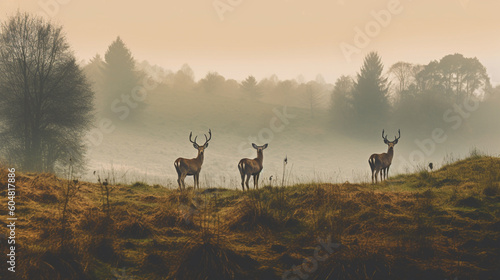 Deer in a field with trees in the background