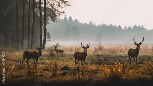 Deer in a field with trees in the background © DLC Studio