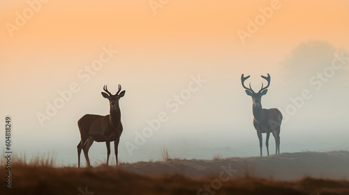 Deer in a field with trees in the background