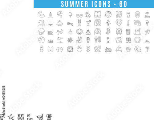 Summer icons, Vector thin line illustrations with objects, activities and places related with traveling, tourism
