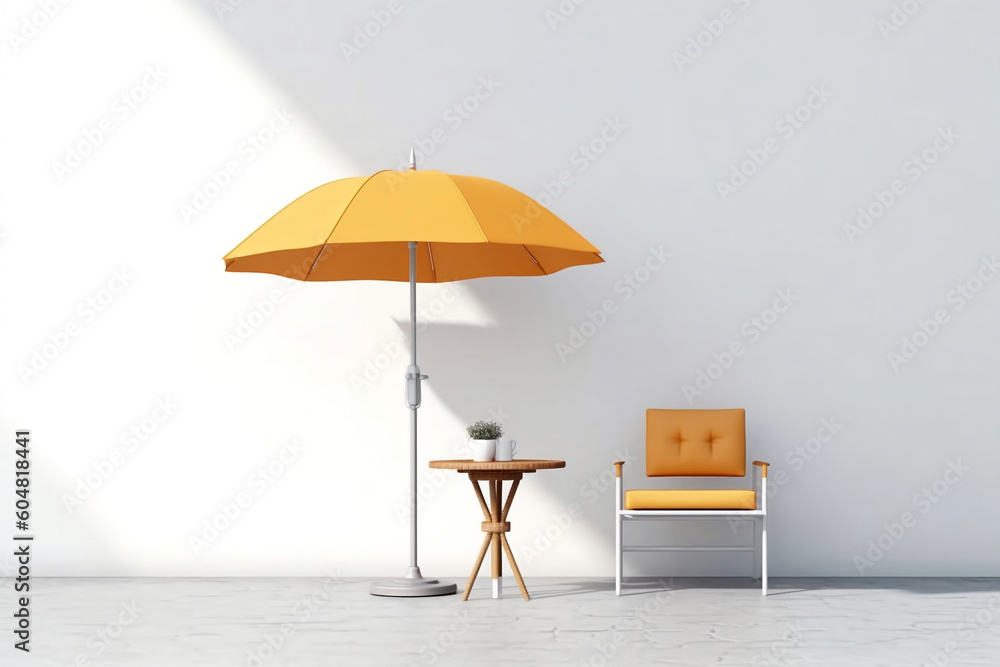 Chair and table with umbrella in front of white wall. Summer place for cafe hopping or restaurant. Generative AI Chair and table with umbrella in front of white wall. Summer place for cafe hopping or restaurant. Generative AI