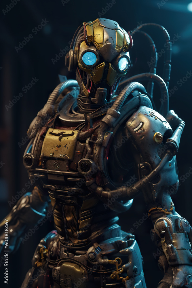 A close up of a robot in a dark room. Generative AI. A close up of a robot in a dark room. Generative AI.