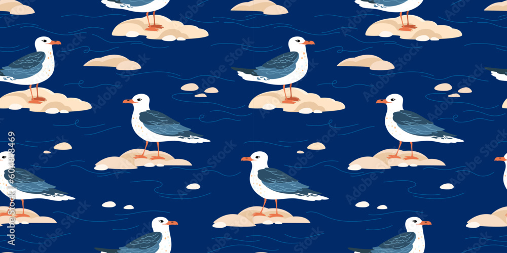 Obraz premium Seamless vector pattern with seagulls. Sea birds stand on the rocks. Cartoon style. Colorful illustration for nursery.