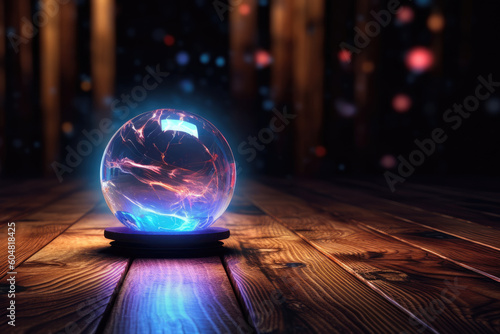 Magic crystal ball for predictions glows blue and purple energy light on dark wooden background. Mystical fortune teller sphere for witchcraft rituals, no people. Copy space. Generative AI.