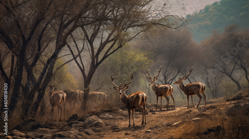 Deer in a field with trees in the background