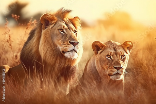 A lion and a lioness in the savannah. AI generated