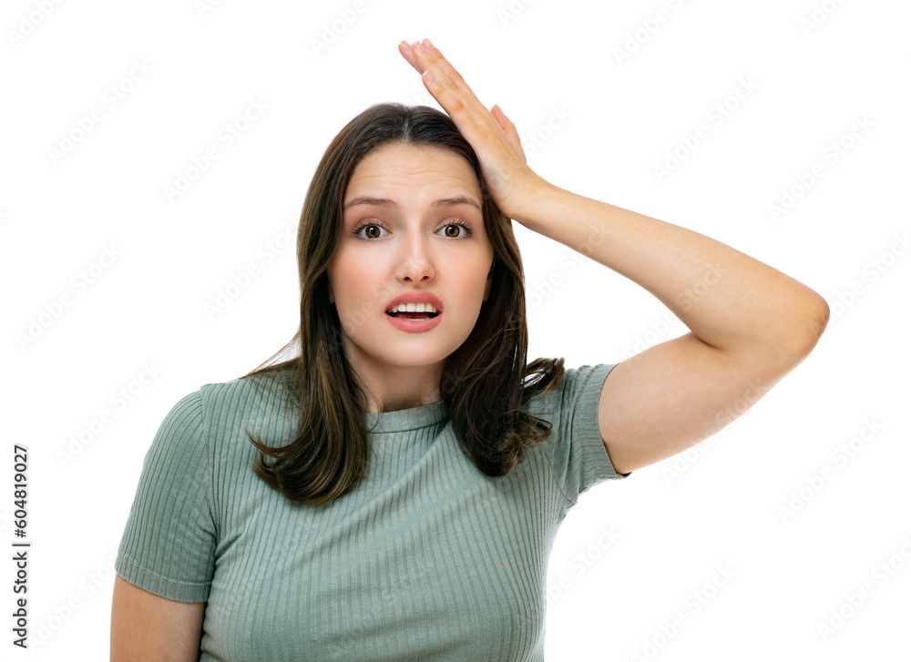 Close up portrait of surprised girl grimace on her face, with mouth opened in shout isolated on white. Beautiful young caucasian woman touching her head with shock impression posing in studio. Close up portrait of surprised girl grimace on her face, with mouth opened in shout isolated on white. Beautiful young caucasian woman touching her head with shock impression posing in studio.