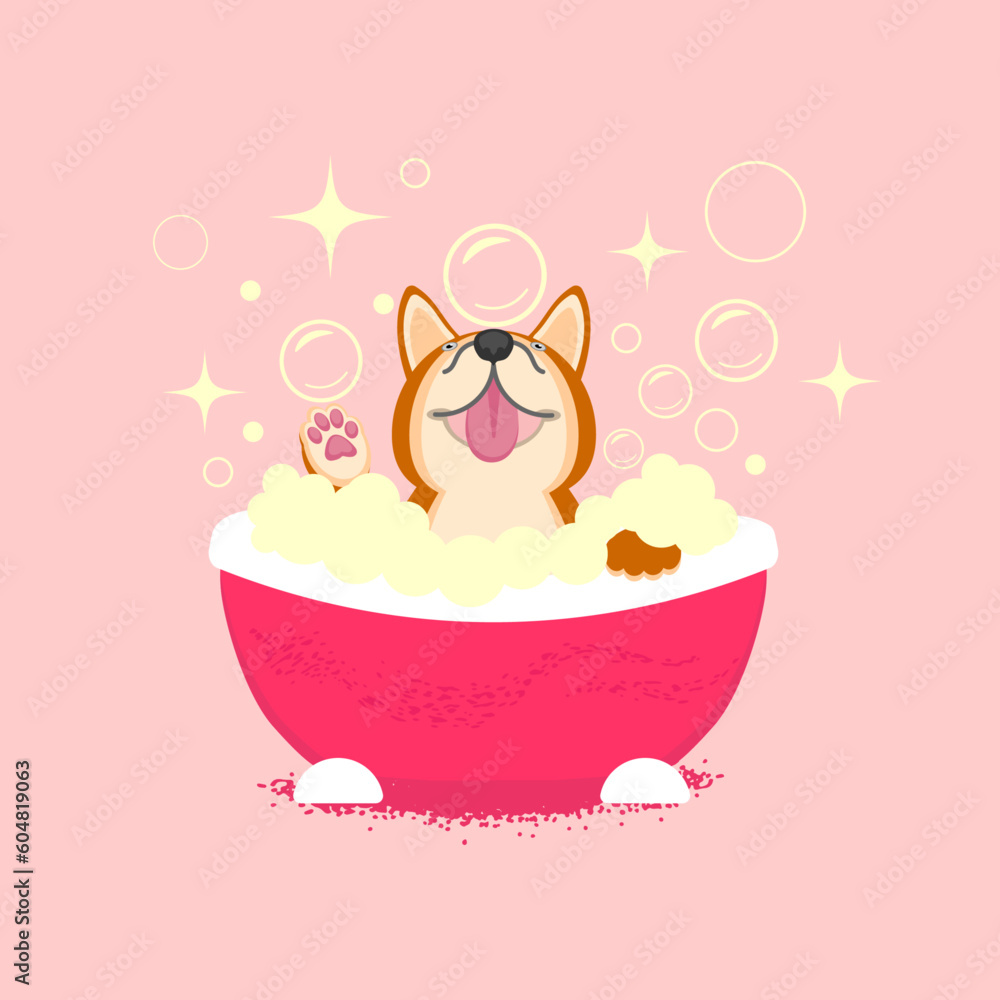 Happy puppy in the bath. Cute happy dog. Color vector illustration in cartoon flat style. Happy puppy in the bath. Cute happy dog. Color vector illustration in cartoon flat style.