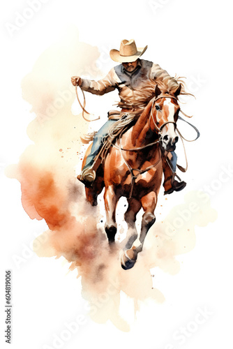 A painting of a cowboy riding a horse. Generative AI.