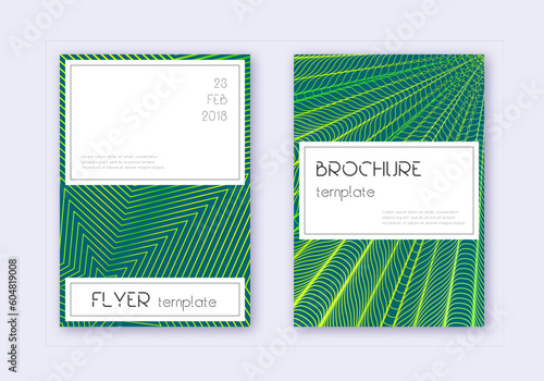 Stylish cover design template set. Green abstract lines on dark background. Favorable cover design. Tempting catalog, poster, book template etc.