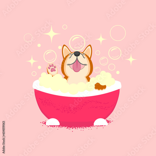 Happy puppy in the bath. Cute happy dog. Color vector illustration in cartoon flat style.	