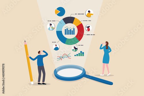 Market research, marketing or advertising survey to launch product, competitors research or social media report marketing report concept, business people look at magnify market data chart and graph. photo