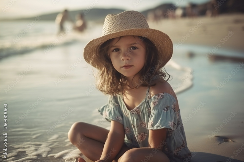 Summer Vibes: Young Girl with Hat at the Beach During Golden Hour, Generative AI