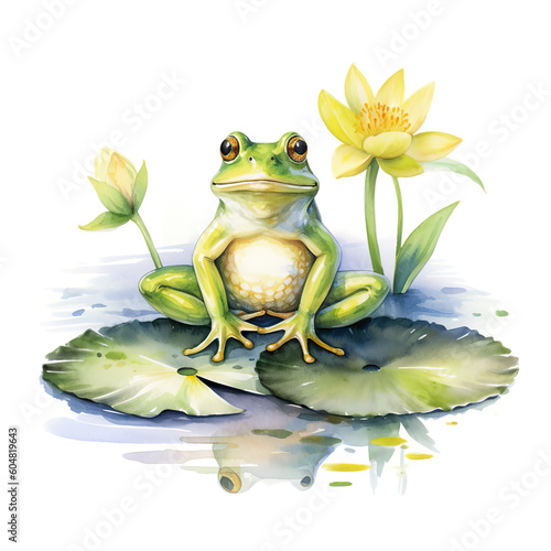 A watercolor painting of a frog sitting on a leaf. Generative AI.