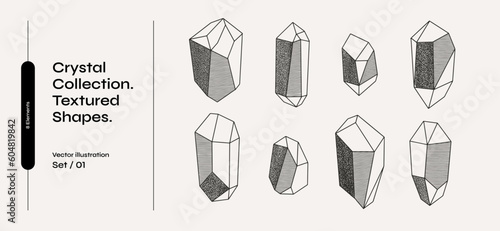Set of crystals drawn with thin lines. Set of gems or minerals. Collec􀆟on of irregular geometric shapes on a light isolated background. Graphic elements for your design.
