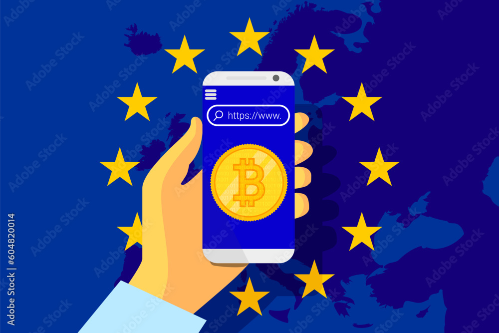 MiCA - Markets in Crypto assets regulation flag of European Union and map of Europe background. Eu sign