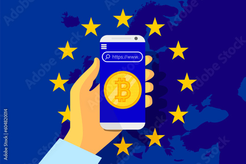 Obraz na płótnie MiCA - Markets in Crypto assets regulation flag of European Union and map of Europe background. Eu sign w salonie