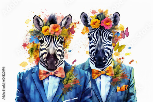 Two zebras dressed in suits with flowers on their heads. Generative AI.