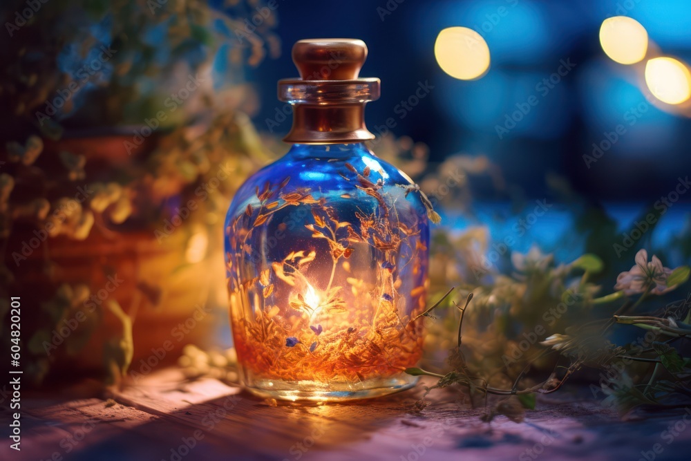 A small jar with a cork with a magic elixir and flowers inside in a clearing in a fairy forest. AI generation A small jar with a cork with a magic elixir and flowers inside in a clearing in a fairy forest. AI generation