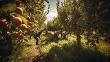 Group of gardeners picking apples in orchard, low angle view. Generative AI.