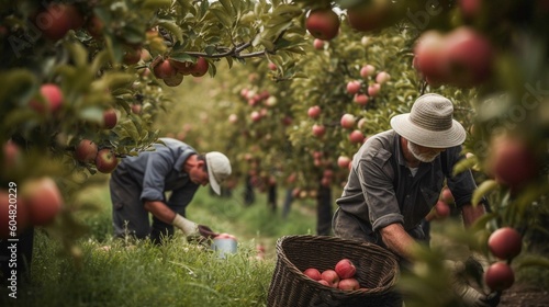 Harvesting apples in an apple orchard - Two men picking apples from a tree. Generative AI.