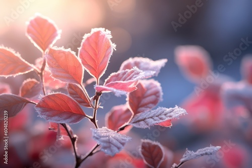 Autumn leaves in hoarfrost illuminated by sunlight morning light. AI generated. © tashechka