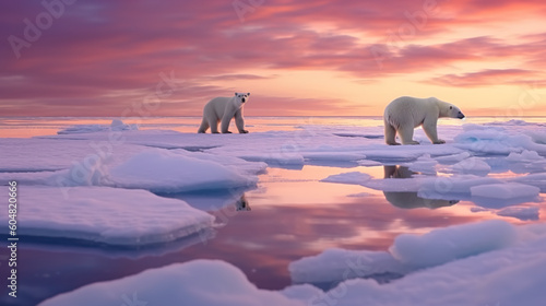 A couple of polar bears standing on top of ice. Generative AI. © tilialucida