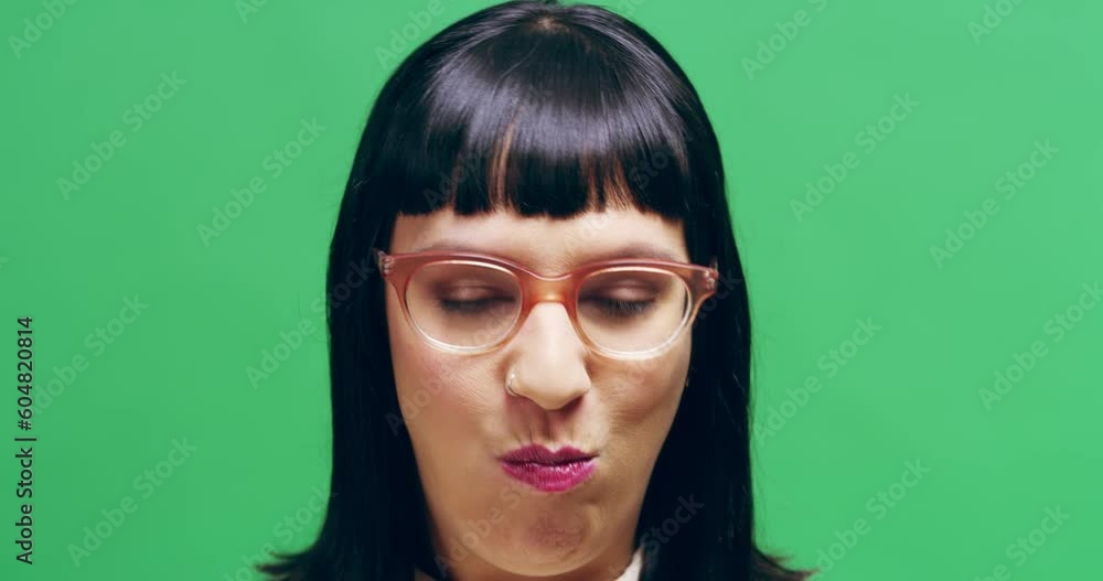 Green screen, portrait of woman with marshmallow in mouth, full of food. Hungry or starving, weight gain or addiction and funny person eating candy or sugar sweets, greedy on chroma key background Green screen, portrait of woman with marshmallow in mouth, full of food. Hungry or starving, weight gain or addiction and funny person eating candy or sugar sweets, greedy on chroma key background